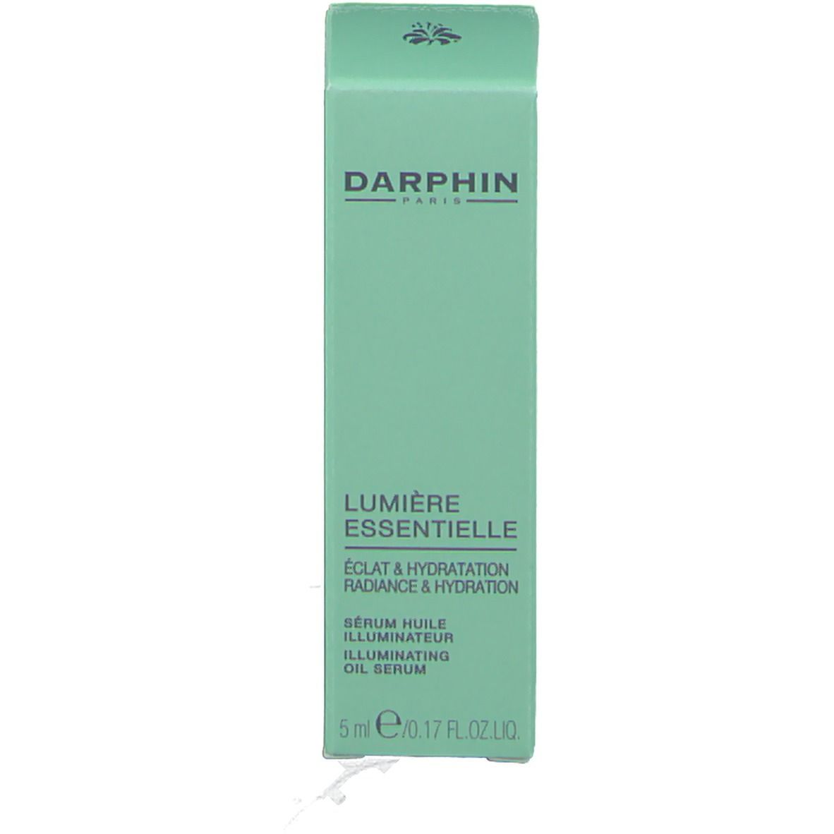 Groene verpakking voor Darphin Lumière Essentielle. Tekst: Lumière Essentielle, Éclat & Hydratation, Illuminating Oil Serum.