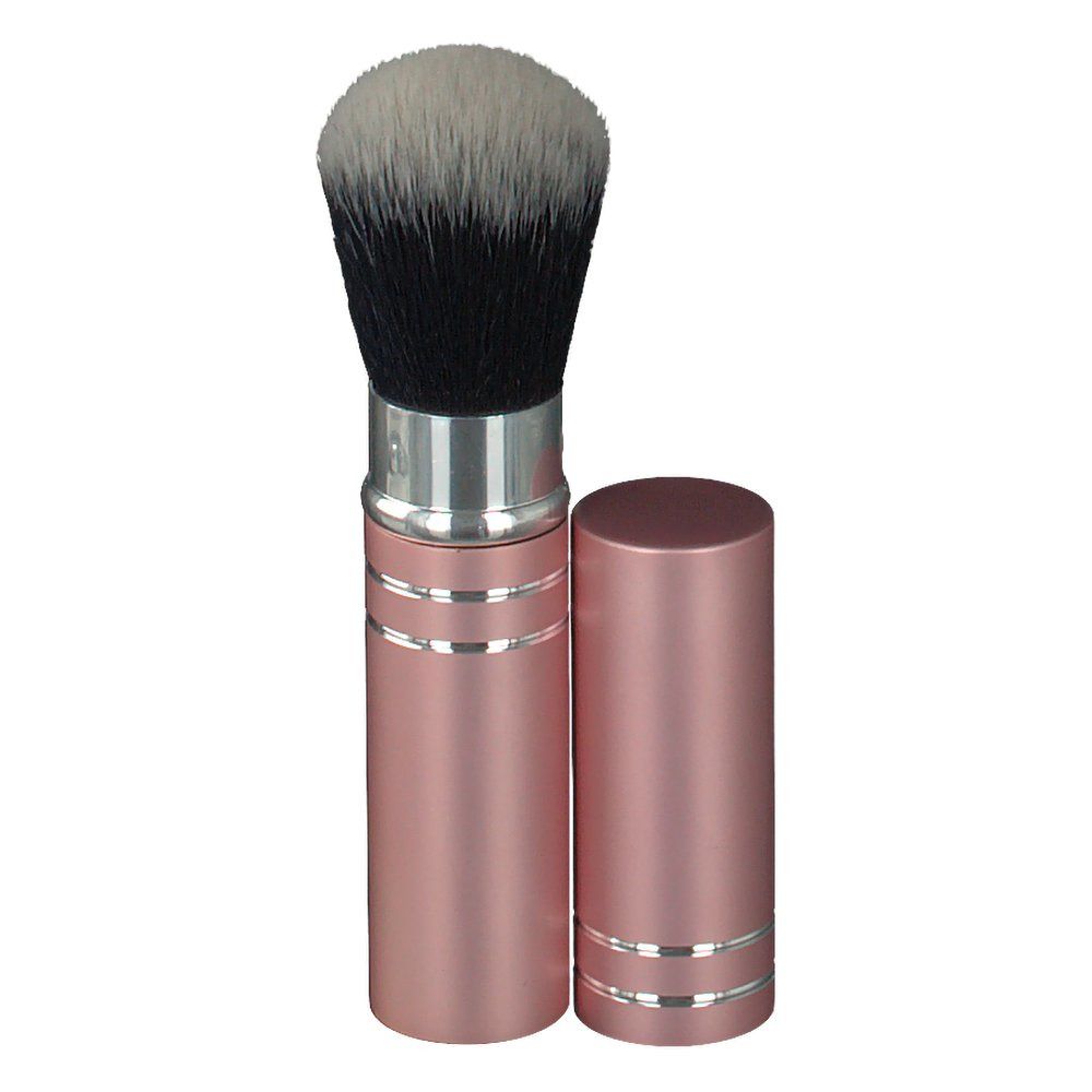 Pinceau à poudre avec étui rose et tête de brosse noire/blanche. Étui ouvert, couvercle à côté.