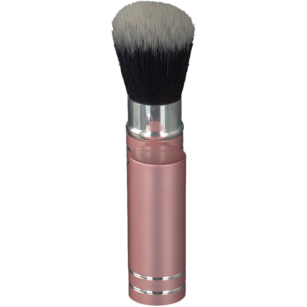 Pinceau à poudre avec étui rose et tête de brosse noire/blanche. Étui fermé.