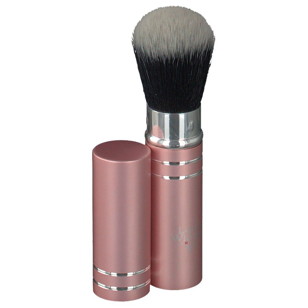 Pinceau à poudre avec étui rose et tête de brosse noire/blanche. Étui ouvert, couvercle à côté.