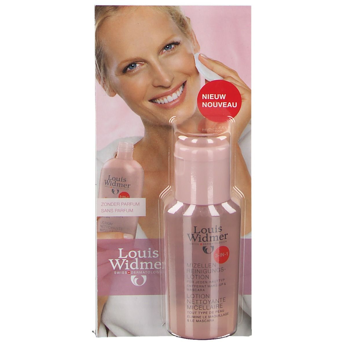 Flacon rose avec étiquette produit, femme tenant un coton. Texte: Louis Widmer, Micellaire, 4 en 1.