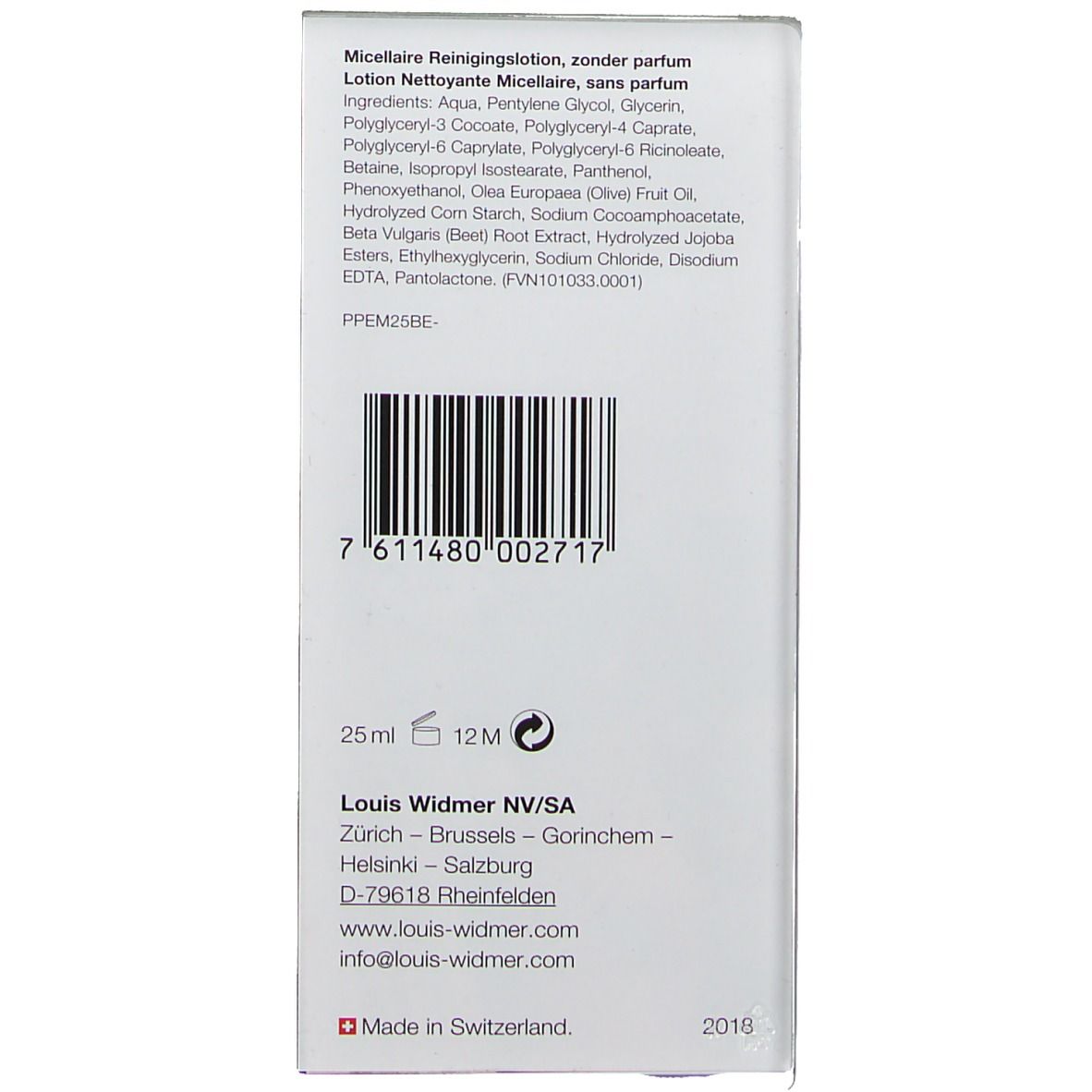 Emballage blanc avec texte et code-barres. Texte: Lotion Micellaire, 25ml, 12M, Louis Widmer.