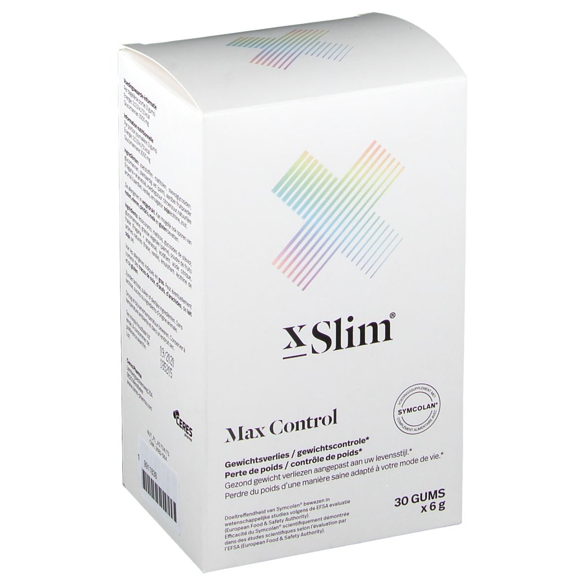 Boîte blanche X-Slim Max Control. Contient 30 gommes x 6g. Logo Symcolan. Inscriptions en plusieurs langues.