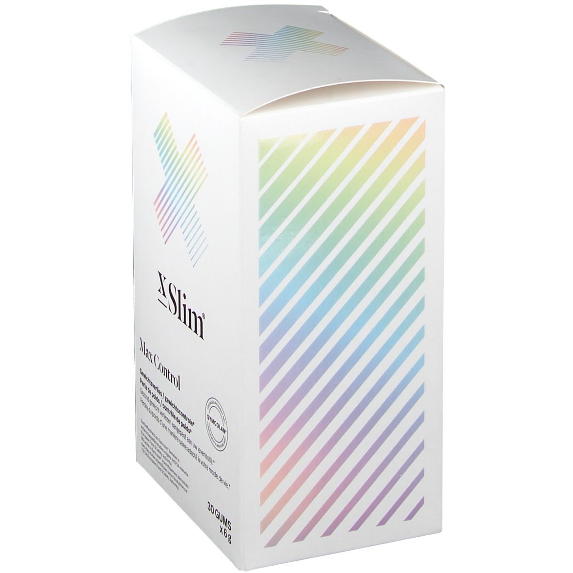 Boîte blanche X-Slim Max Control. Dégradé de couleurs sur le côté. Certification Symcolan. Texte multilingue.