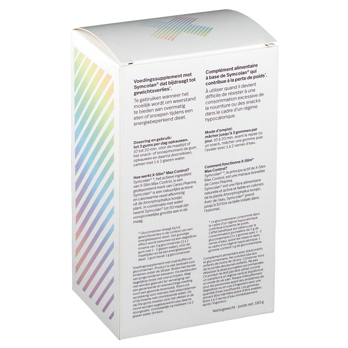 Dos de la boîte X-Slim Max Control. Informations sur les ingrédients et le dosage en plusieurs langues.