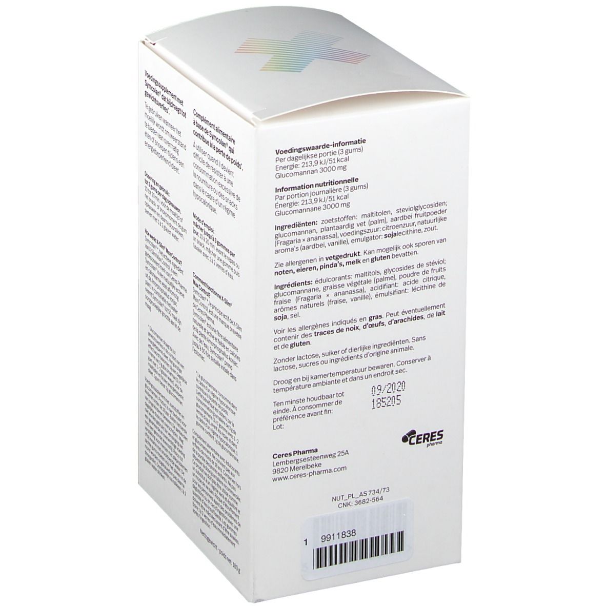 Dos de la boîte X-Slim Max Control. Informations nutritionnelles, ingrédients et allergènes en plusieurs langues.