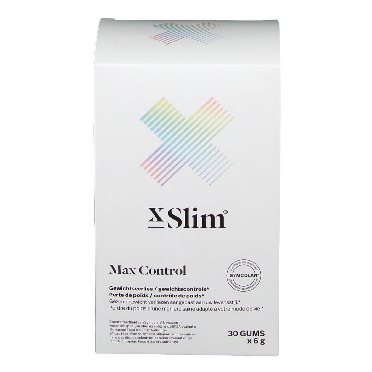 Boîte blanche X-Slim Max Control. Contient 30 gommes x 6g. Logo Symcolan. Inscriptions en plusieurs langues.