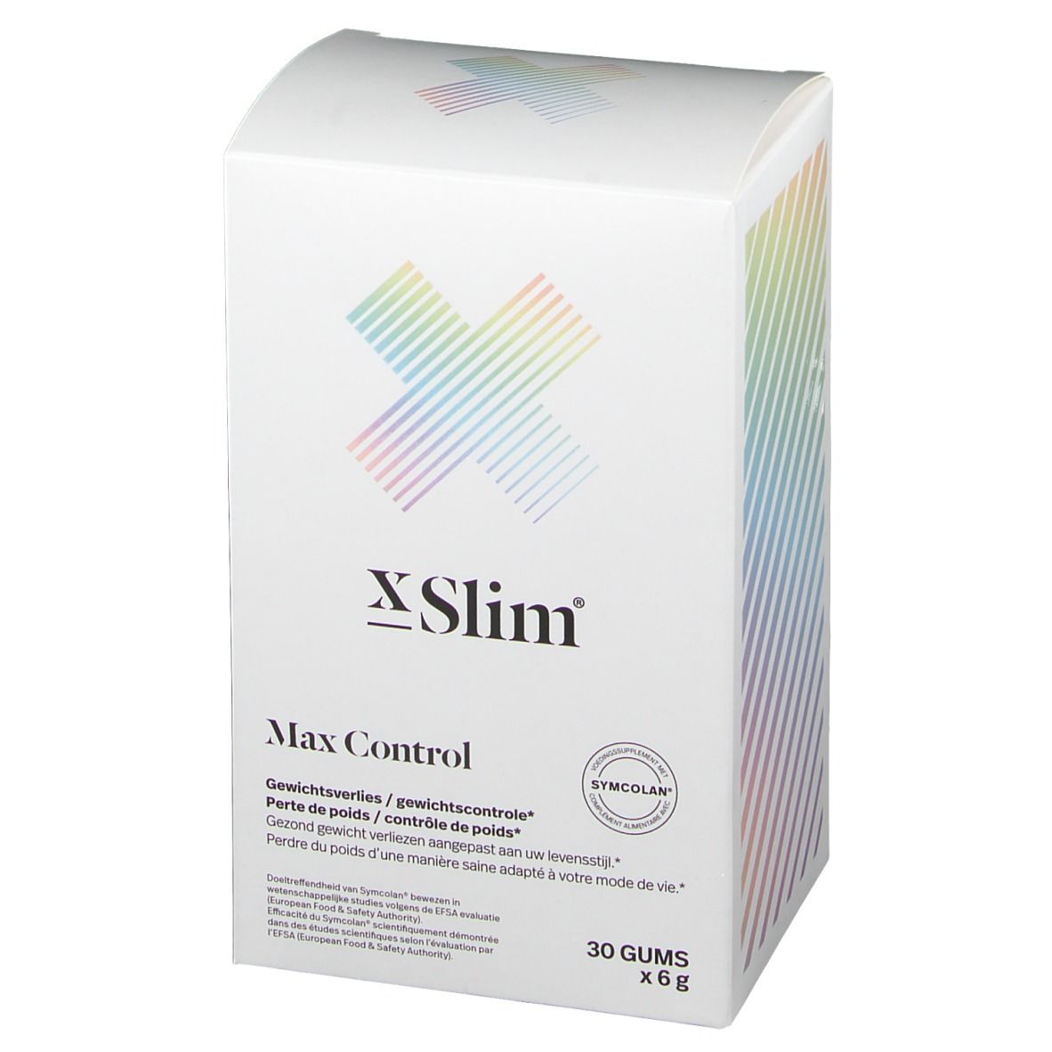 Boîte blanche X-Slim Max Control. Contient 30 gommes x 6g. Logo Symcolan. Inscriptions en plusieurs langues.
