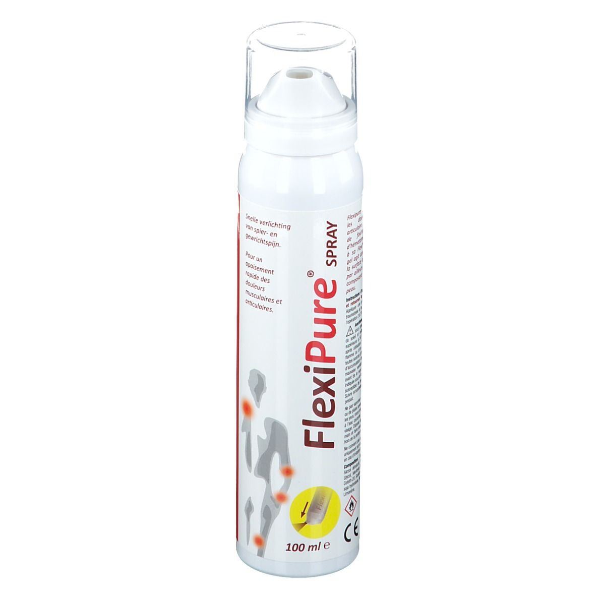 Wit spray met sproeikop. FlexiPure Spray-logo. 100 ml. CE-markering. Illustratie van gewrichten.