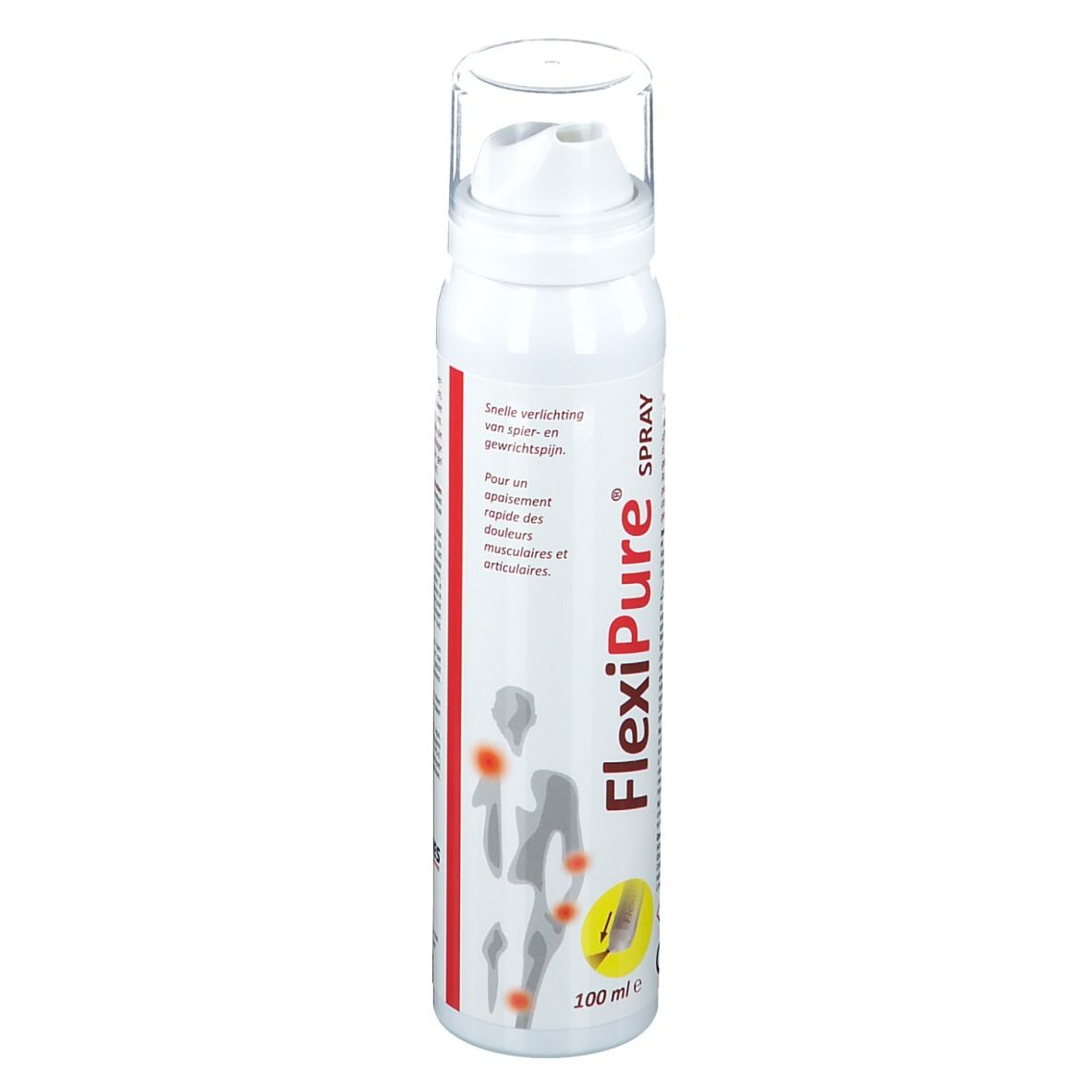 Wit spray met sproeikop. FlexiPure Spray-logo. 100 ml. CE-markering. Illustratie van gewrichten.