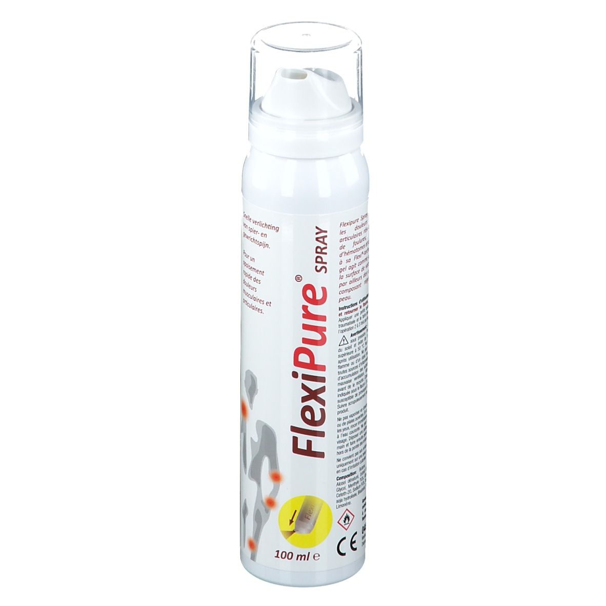 Wit spray met sproeikop. FlexiPure Spray-logo. 100 ml. CE-markering. Illustratie van gewrichten.