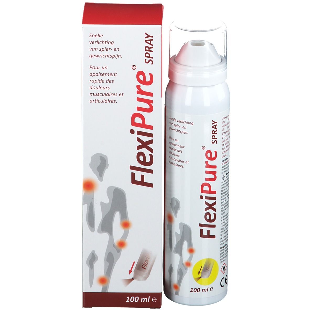 FlexiPure Spray en verpakking. 100 ml. Illustratie van gewrichten. Tekst in meerdere talen.