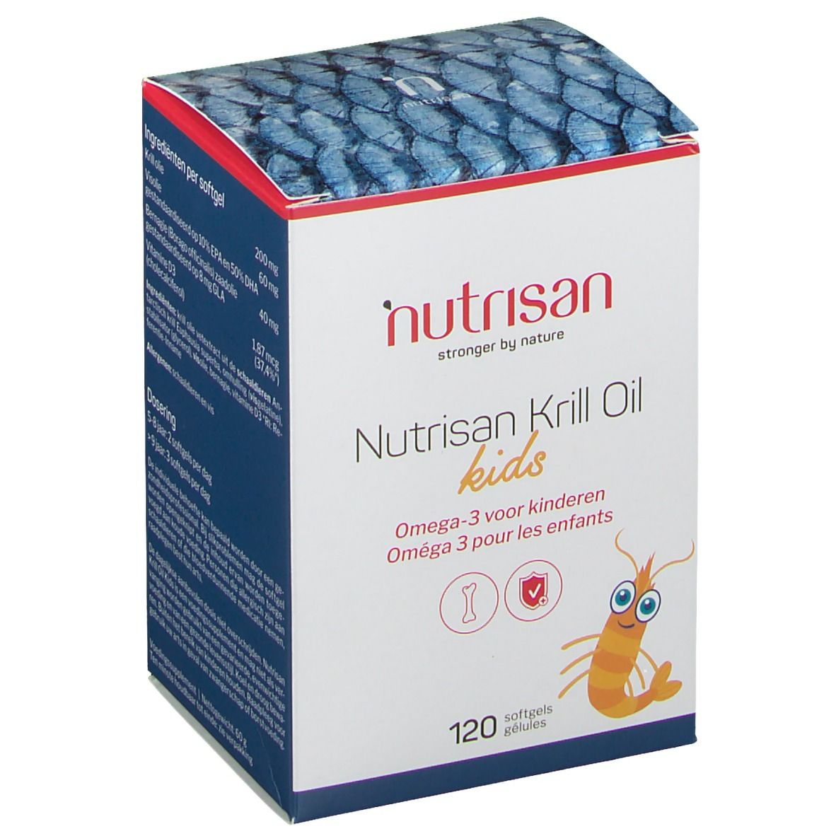 Verpakking Nutrisan Krill Oil Kids. Bevat 120 softgels. Opschrift: Omega-3 voor kinderen. Illustratie van een krill.