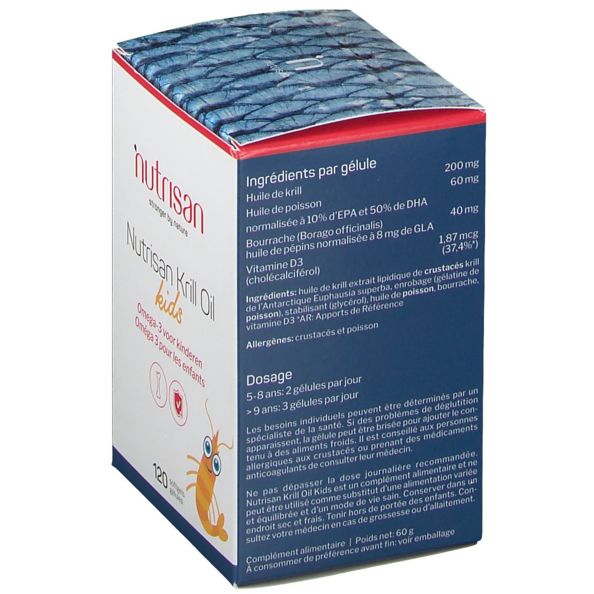 Achterkant verpakking Nutrisan Krill Oil Kids. Bevat ingrediënten en dosering. Illustratie van een krill.