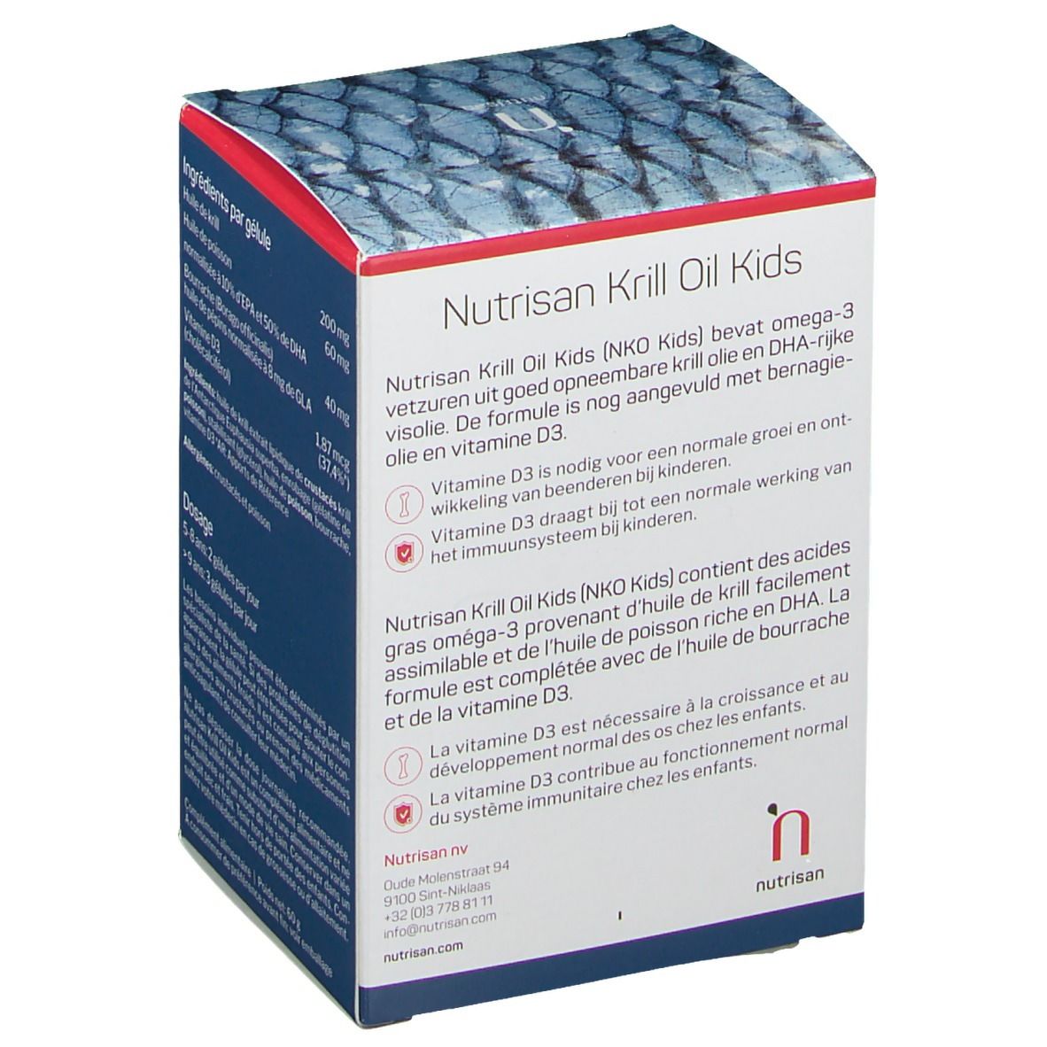 Achterkant verpakking Nutrisan Krill Oil Kids. Tekst in Nederlands, Frans en Engels. Illustratie van een krill.