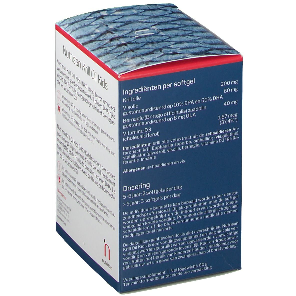 Achterkant verpakking Nutrisan Krill Oil Kids. Bevat ingrediënten en dosering. Illustratie van een krill.