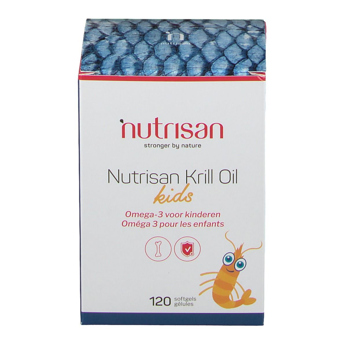 Verpakking Nutrisan Krill Oil Kids. Bevat 120 softgels. Opschrift: Omega-3 voor kinderen. Illustratie van een krill.