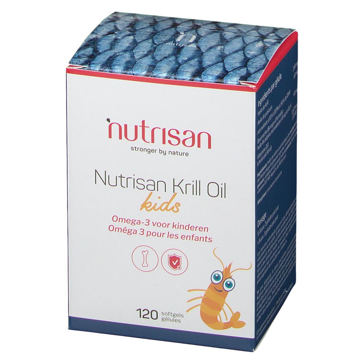 Verpakking Nutrisan Krill Oil Kids. Bevat 120 softgels. Opschrift: Omega-3 voor kinderen. Illustratie van een krill.
