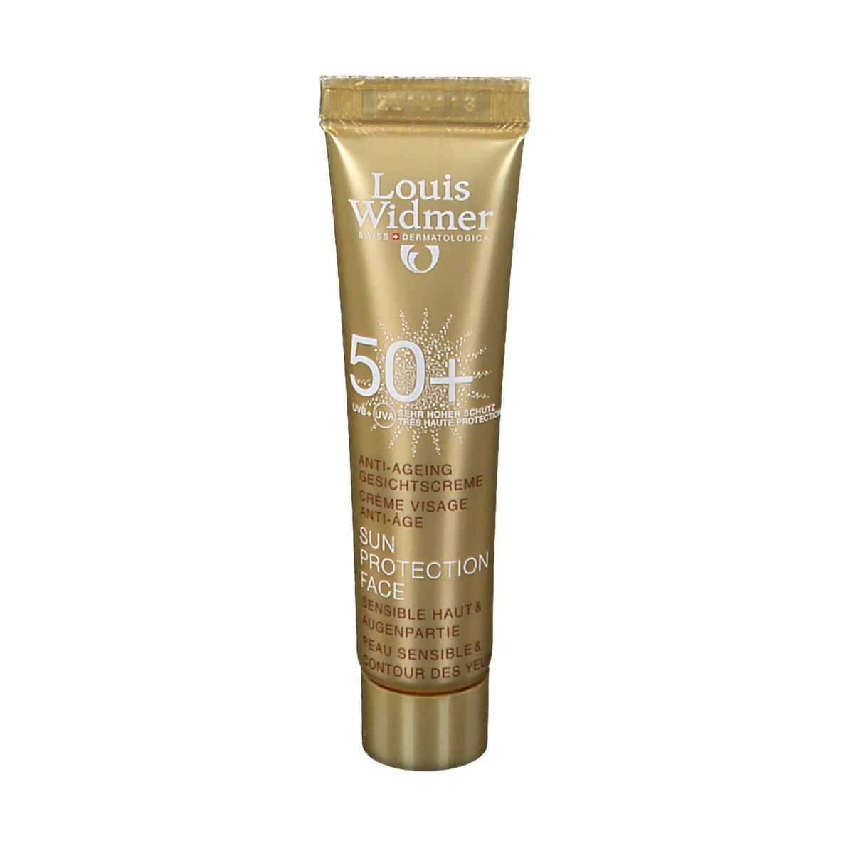 Gouden tube zonnecrème. Opschrift: Louis Widmer, 50+, Sun Protection Face. Anti-ageing gezichtscrème.