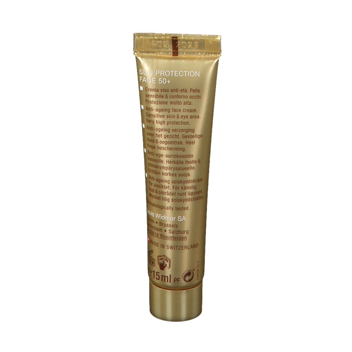 Achterkant van de zonnecrèmetube. Tekst: Sun Protection Face 50+. Anti-ageing gezichtscrème. 15ml.