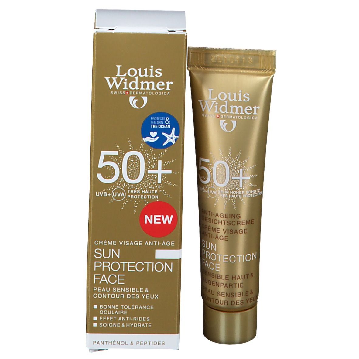 Zonnecrèmetube en doos. Opschrift: Louis Widmer, 50+, Sun Protection Face. Crème visage anti-âge.