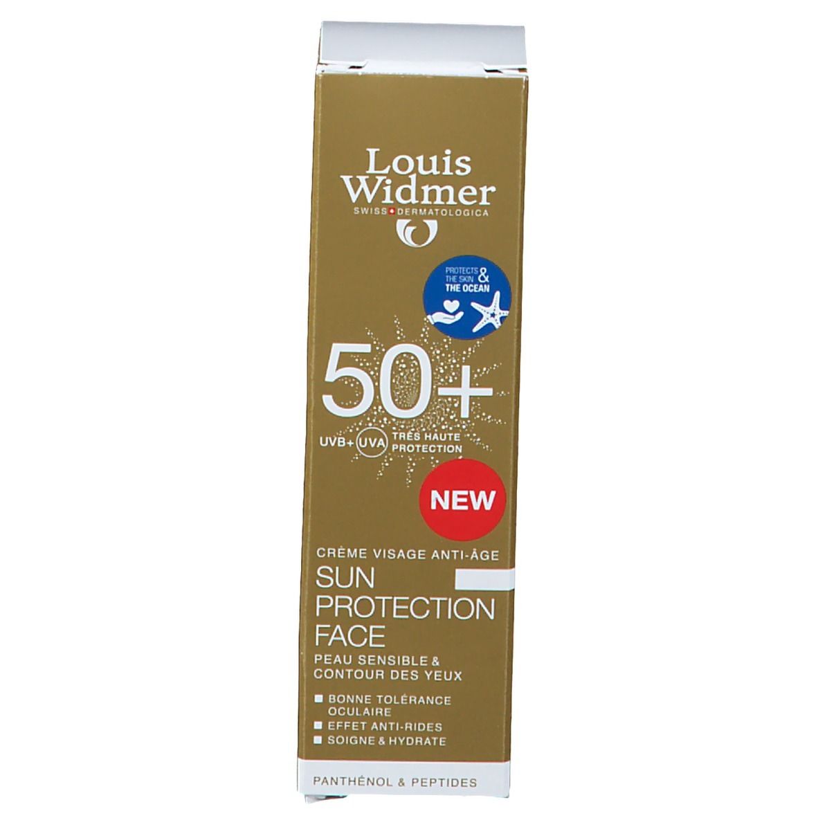 Doos met zonnecrème. Opschrift: Louis Widmer, 50+, Sun Protection Face. Crème visage anti-âge. Nieuw.