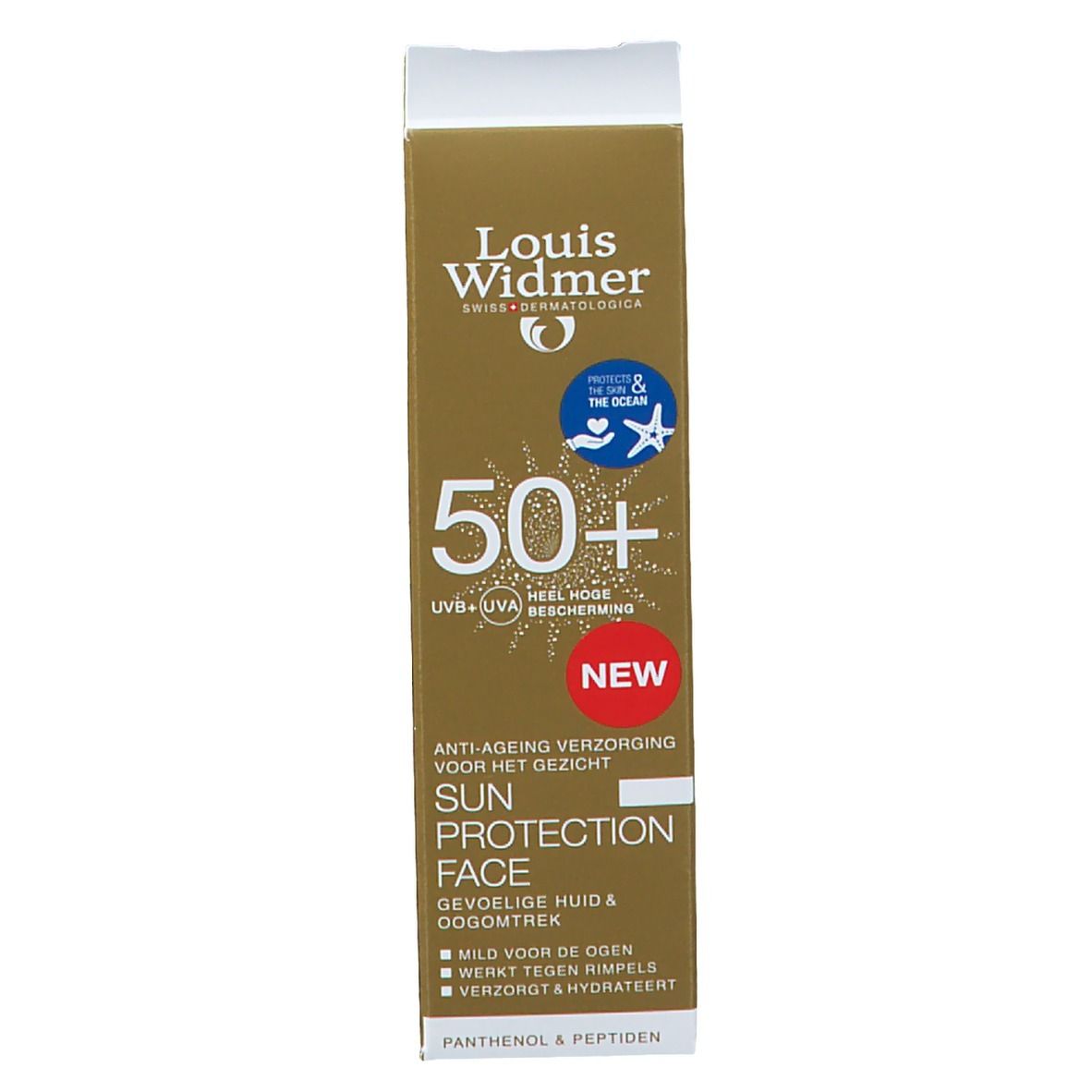 Zonnecrèmedoos. Opschrift: Louis Widmer, 50+, Sun Protection Face. Anti-ageing verzorging. Nieuw.