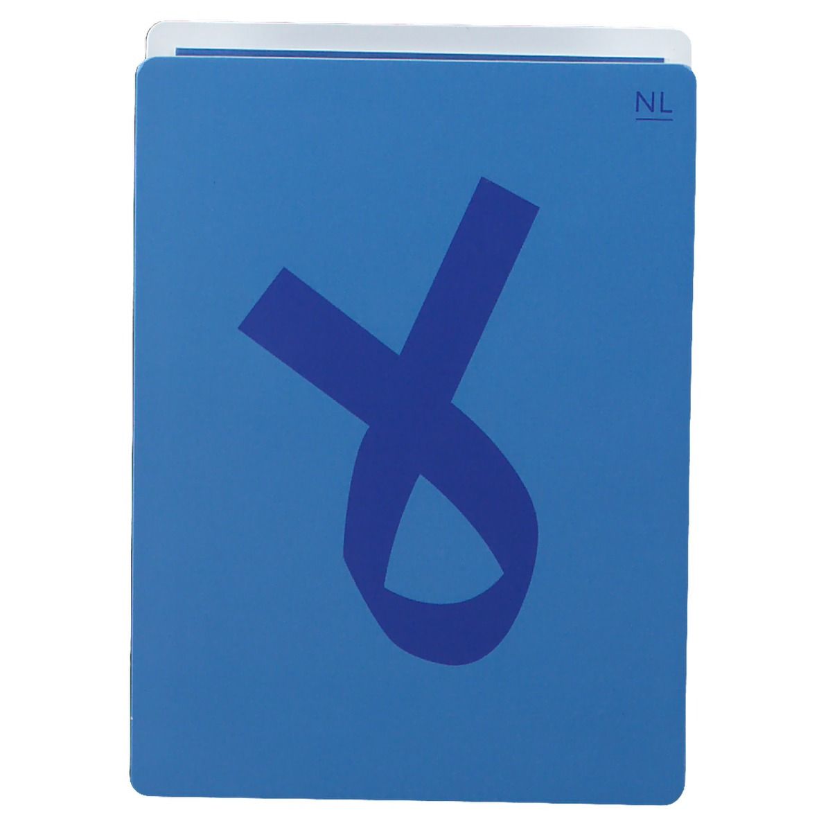 Blauwe flyer met blauw lint. NL-markering rechtsboven.