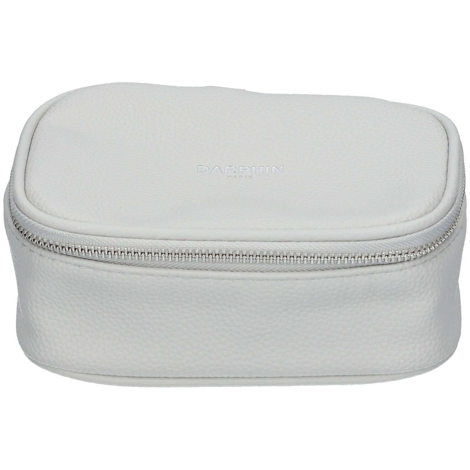 Witte make-uptas met ritssluiting. Reliëflogo. Rechthoekige vorm.