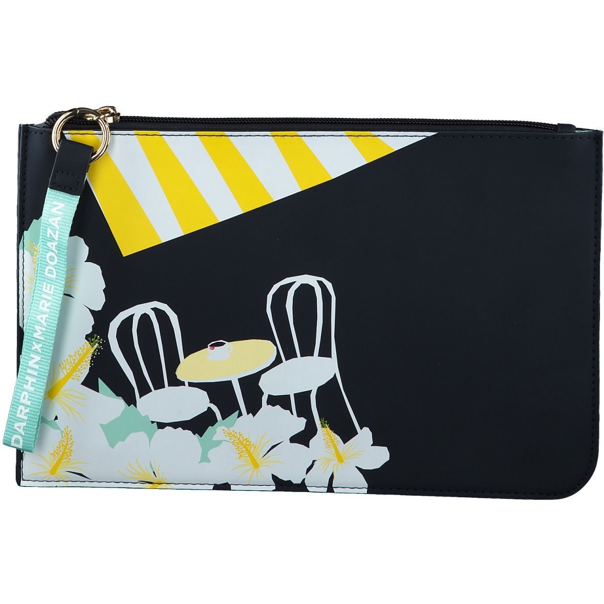 Zwarte tas met geel-wit design. Bloemenpatroon en stoelen. Label met tekst.