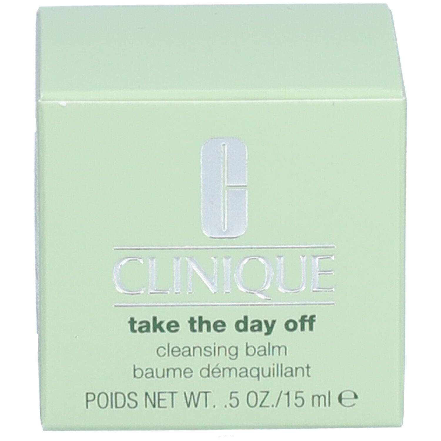 Lichtgroene doos met Clinique-logo en tekst Take The Day Off. Inhoud: 15 ml.