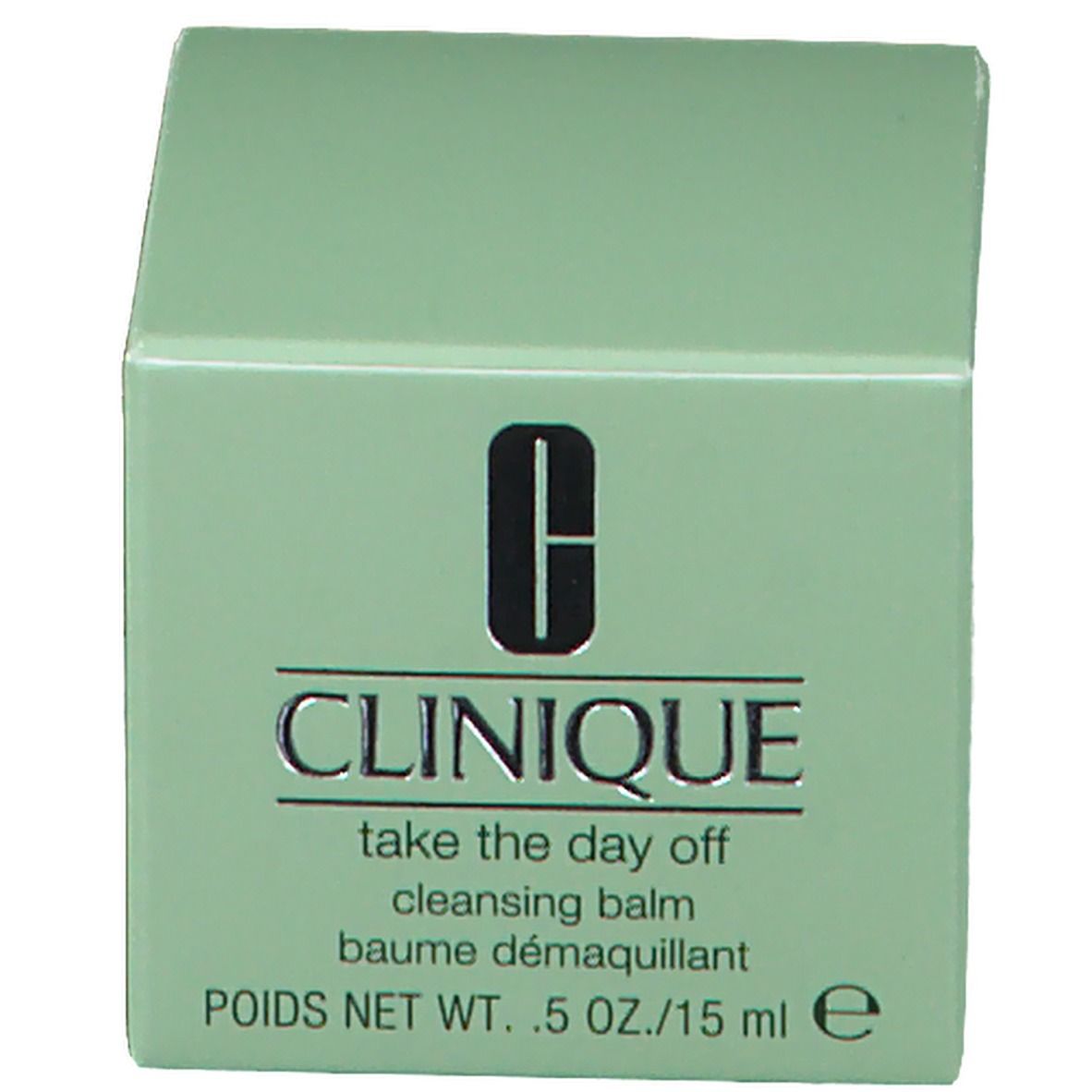 Lichtgroene doos met Clinique-logo en tekst Take The Day Off. Inhoud: 15 ml.