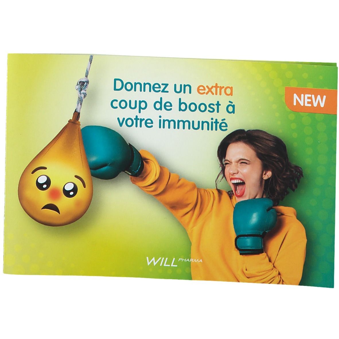 Flyer publicitaire. Femme avec gants de boxe frappant un punching-ball. Texte : "Donnez un extra coup de boost à votre immunité".