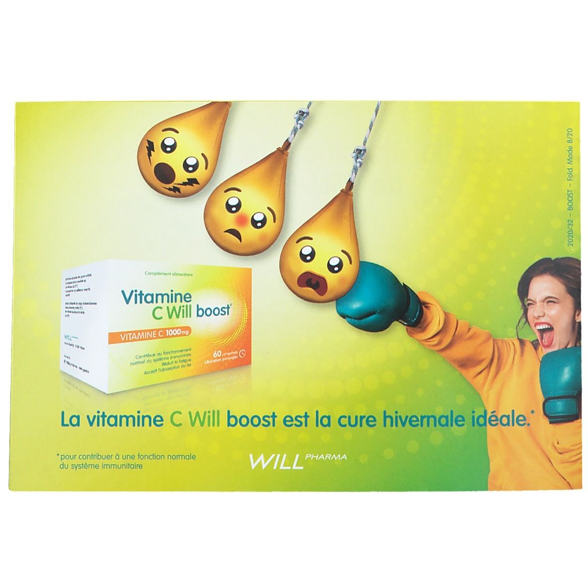 Flyer publicitaire. Femme avec gants de boxe. Boîte "Vitamine C Will boost". Texte : "La vitamine C Will boost est la cure hivernale idéale".