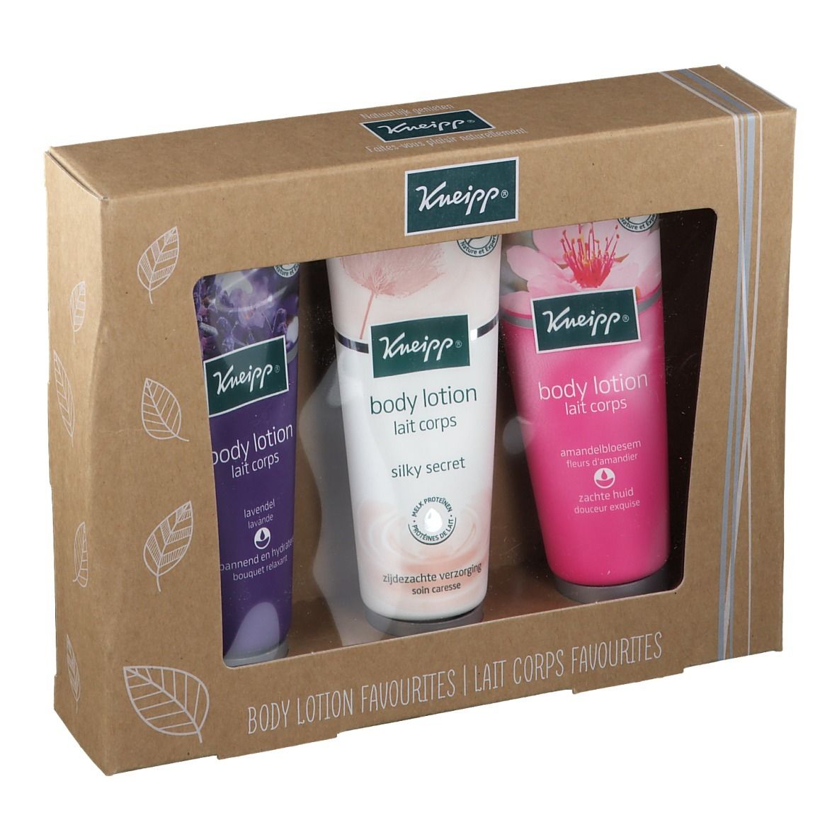 Coffret cadeau Kneipp avec trois lotions pour le corps. Tubes violets, blancs et roses visibles. Inscription : Body Lotion.