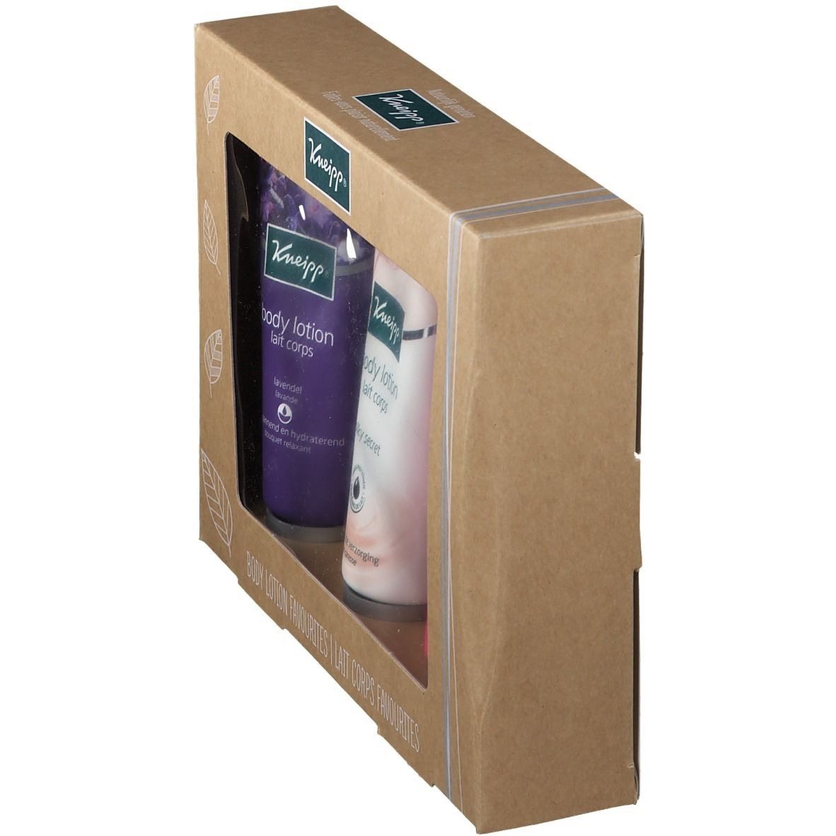 Coffret cadeau Kneipp avec trois lotions pour le corps. Deux tubes visibles. Inscription : Body Lotion. Emballage en carton.