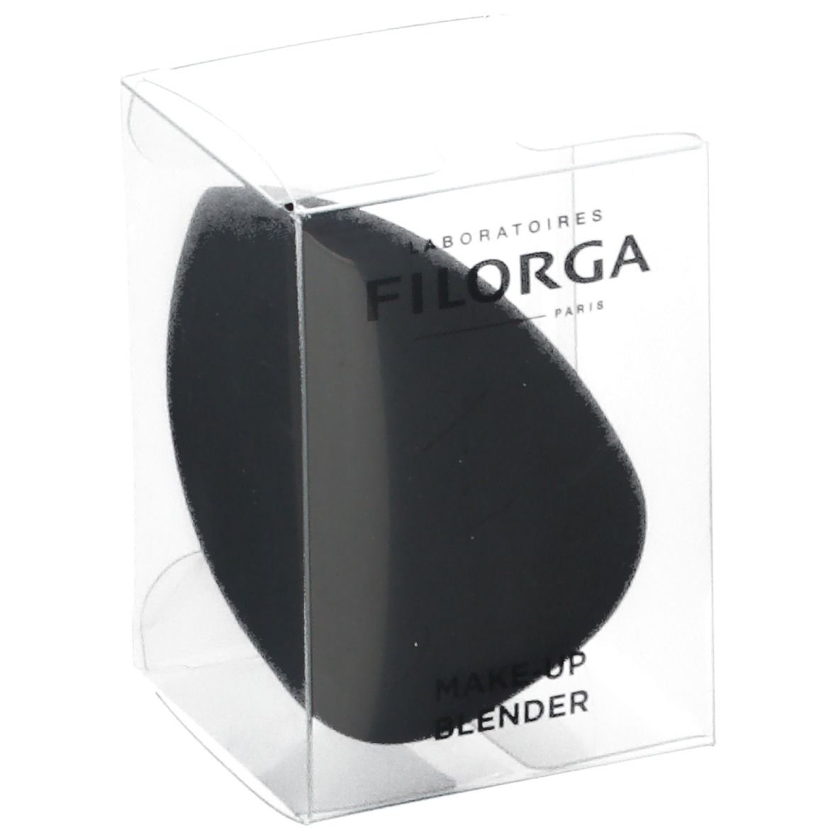 Zwarte make-upspons in transparante verpakking. Merk FILORGA. Opschrift: MAKE-UP BLENDER.