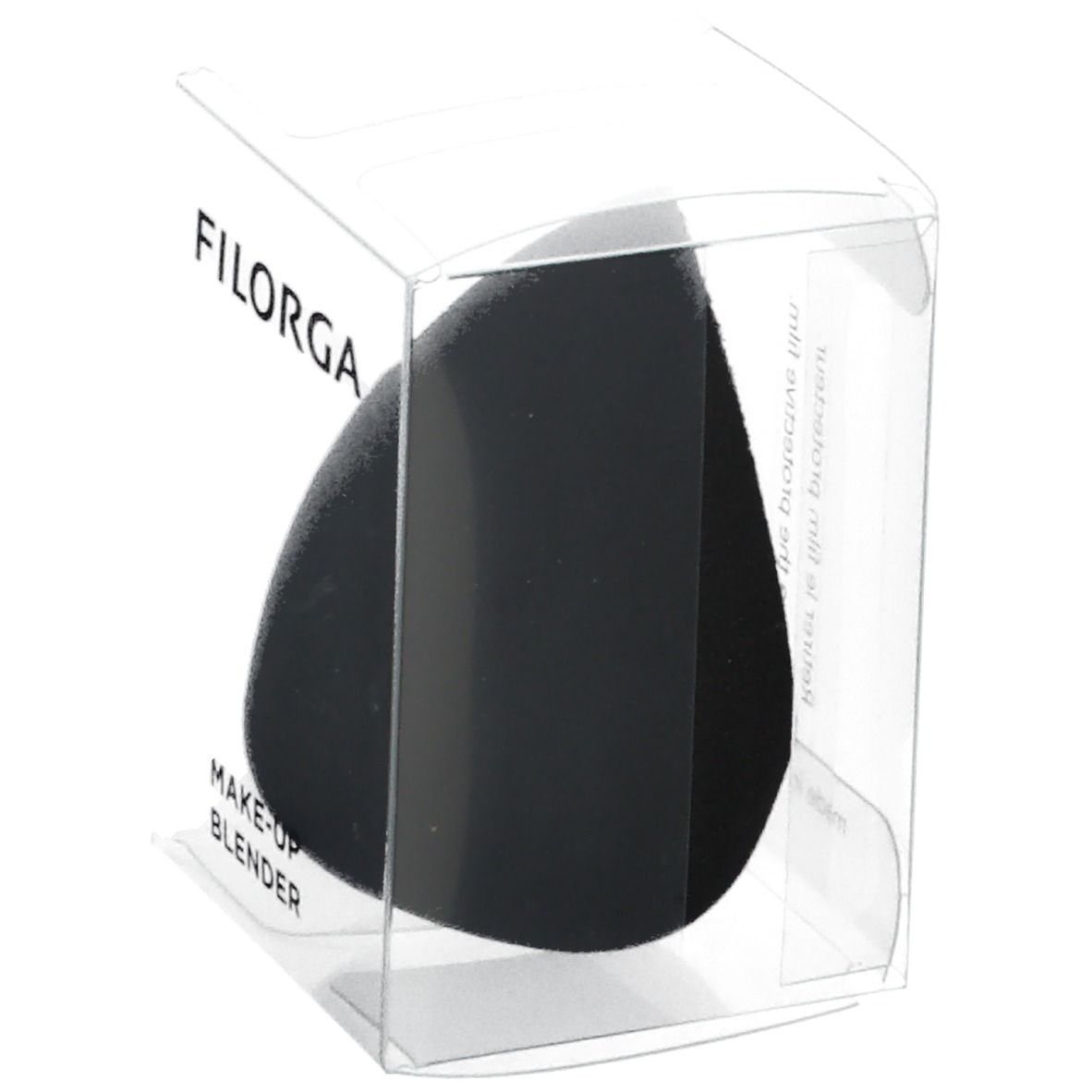 Zwarte make-upspons in transparante verpakking. Merk FILORGA. Opschrift: MAKE-UP BLENDER.