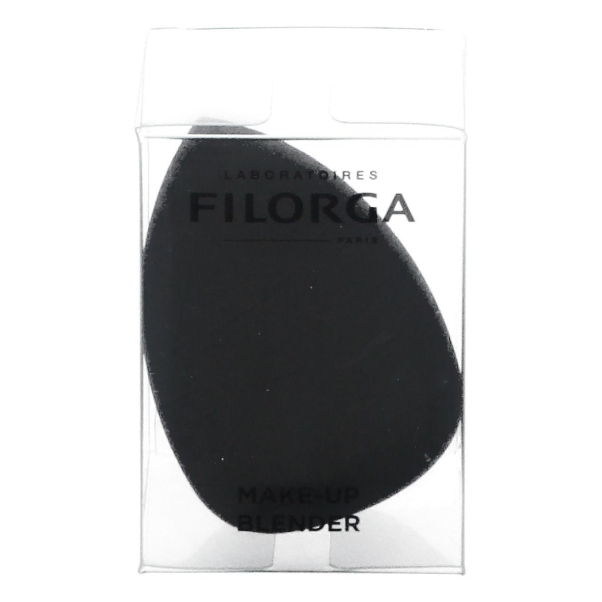 Zwarte make-upspons in transparante verpakking. Merk FILORGA. Opschrift: MAKE-UP BLENDER.