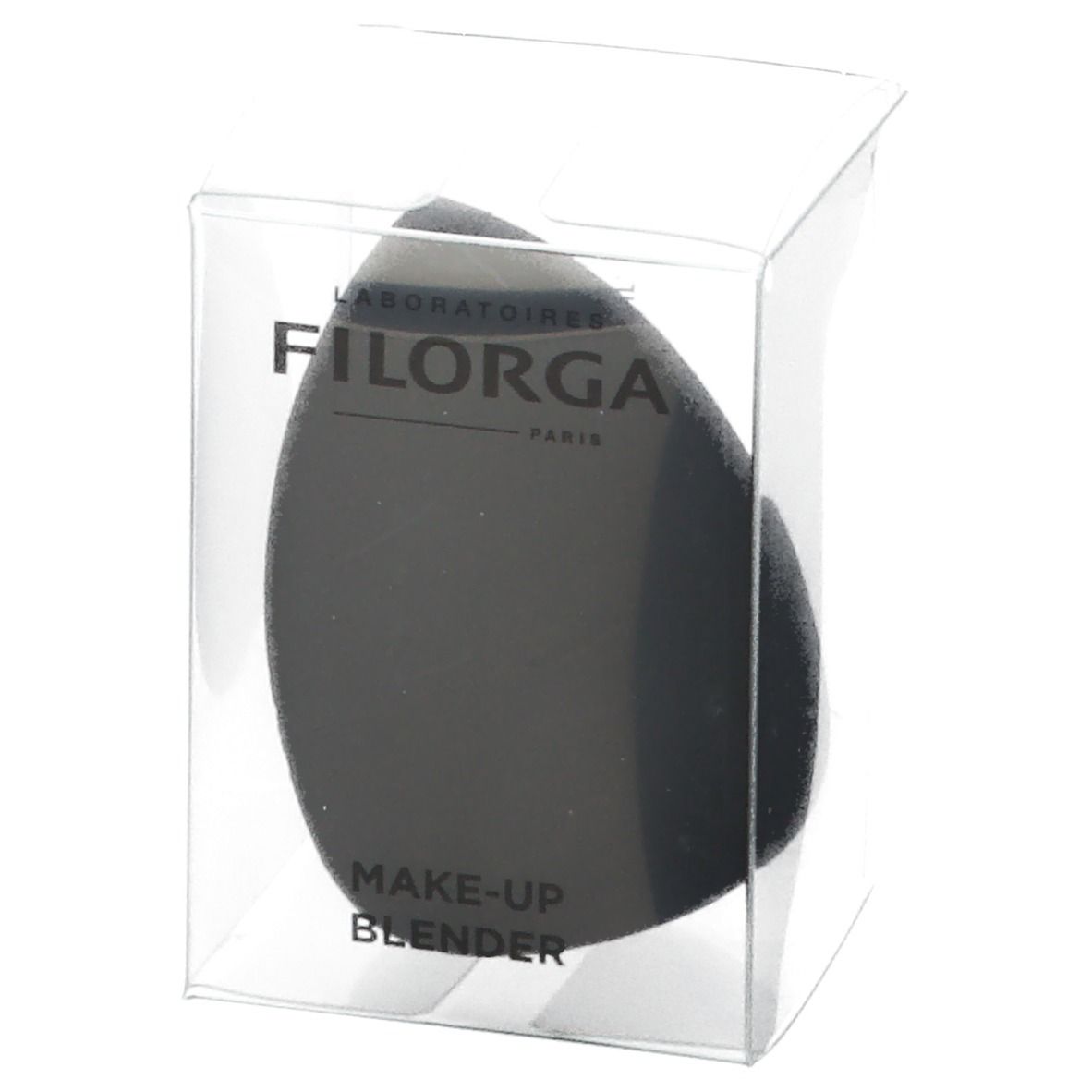Zwarte make-upspons in transparante verpakking. Merk FILORGA. Opschrift: MAKE-UP BLENDER.