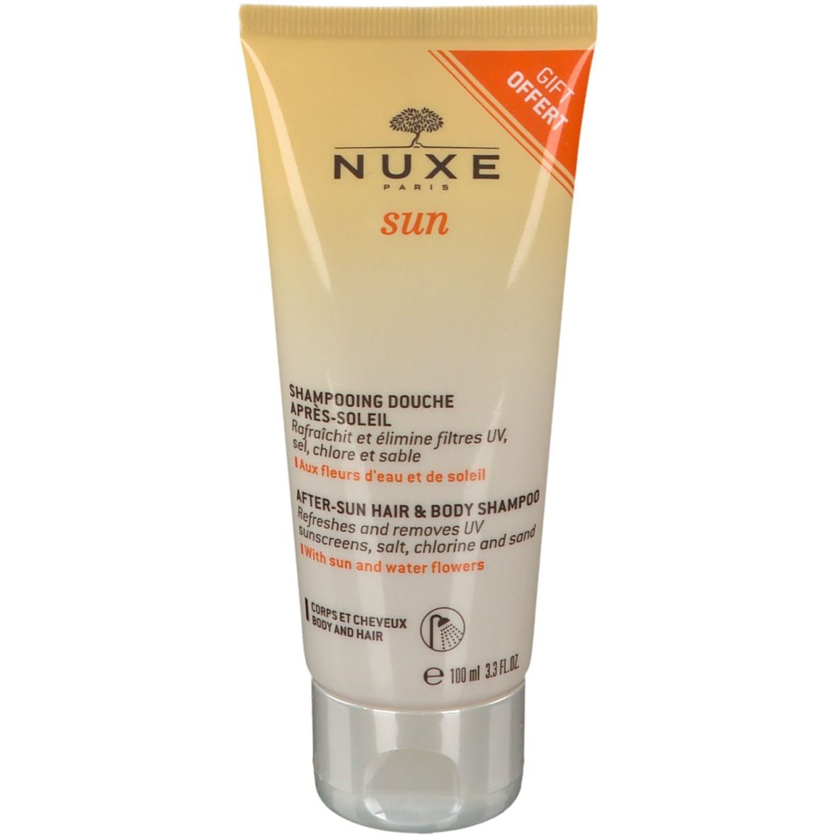Tube Nuxe Sun, jaune et blanc. Texte: Shampooing Douche Après-Soleil. Avec l'inscription "GIFT OFFERT".