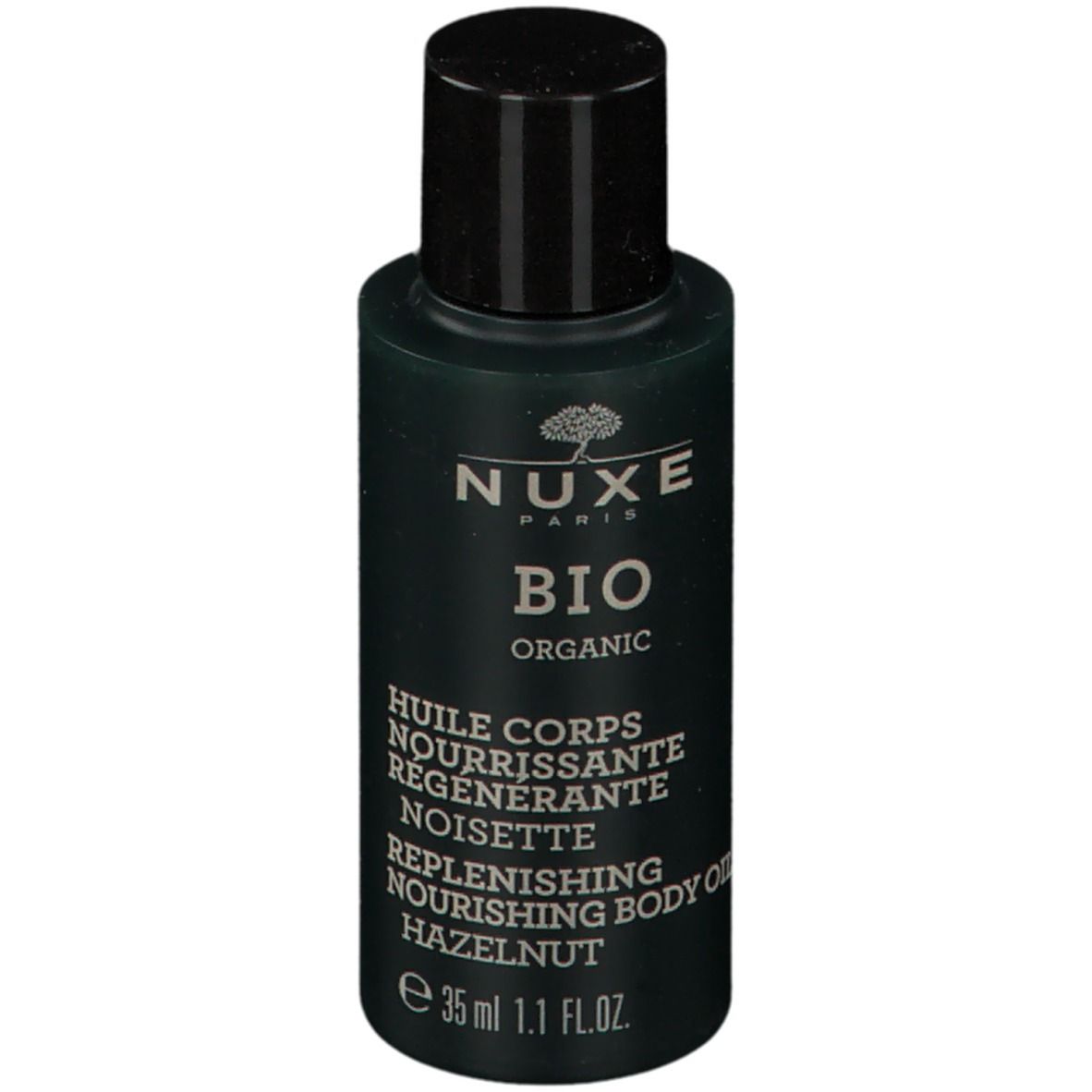 Flacon vert foncé avec bouchon noir. Inscription: Nuxe Bio, Huile Corps, Noisette, Hazelnut. Volume: 35 ml.