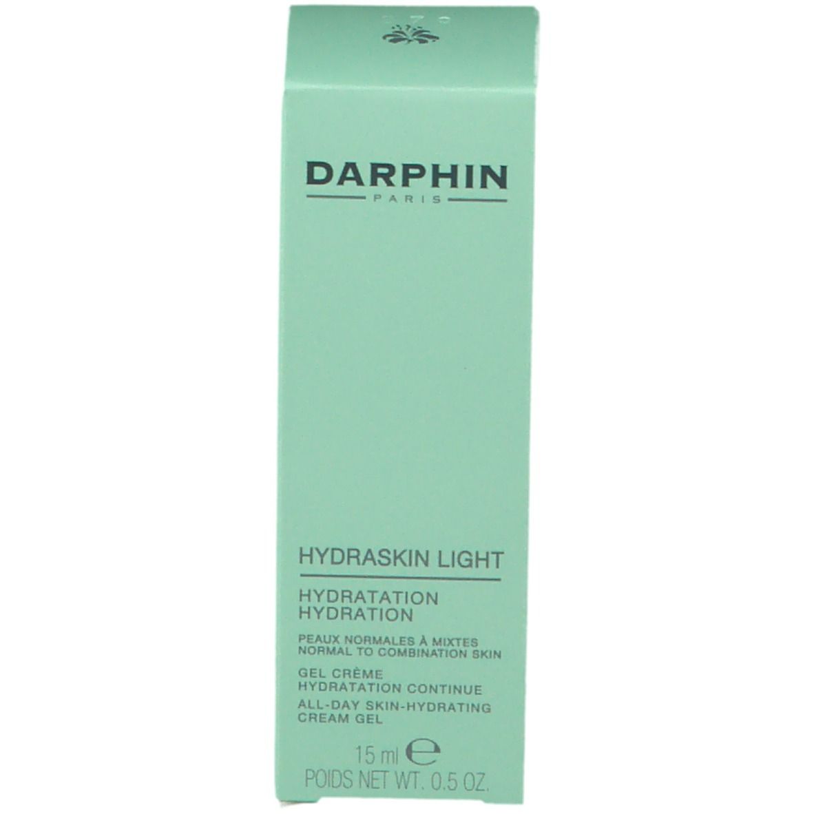 Emballage vert clair. Texte: Darphin, Hydraskin Light, Hydratation, Gel Crème, 15 ml.