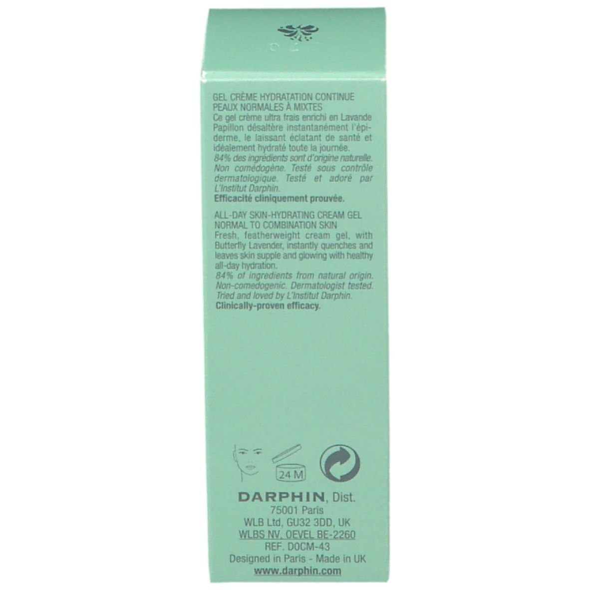 Dos de l'emballage vert clair. Texte: Gel Crème Hydratation Continue, 84% ingrédients d'origine naturelle.