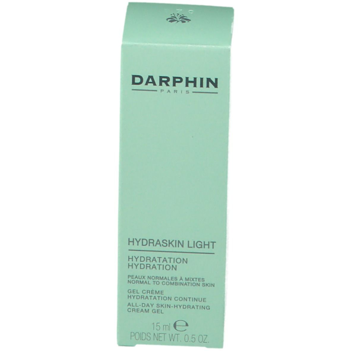 Emballage vert clair. Texte: Darphin, Hydraskin Light, Hydratation, Gel Crème, 15 ml.