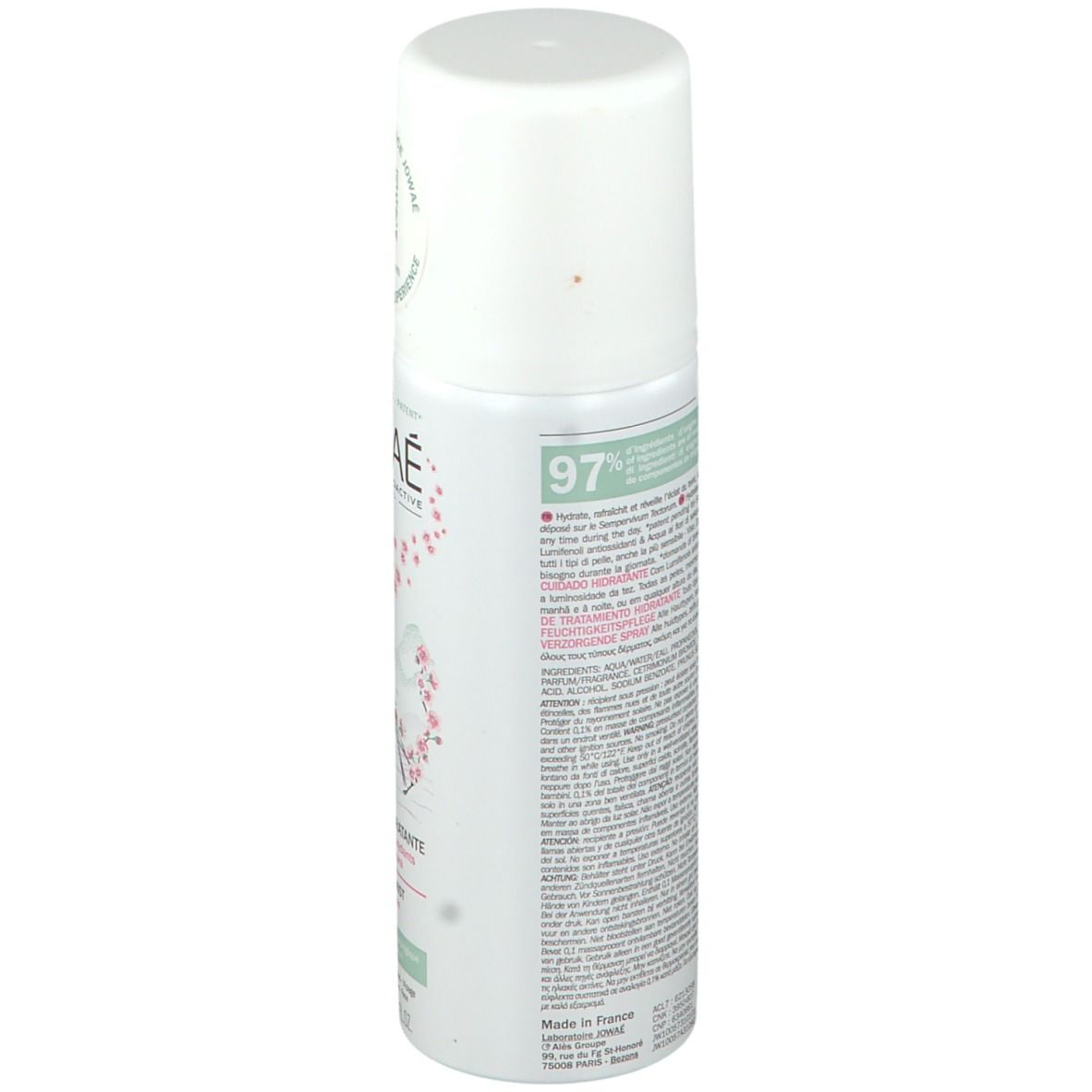 Witte sprayfles, zijaanzicht. Tekst en ingrediënten. Groene sticker met tekst. Witte dop.