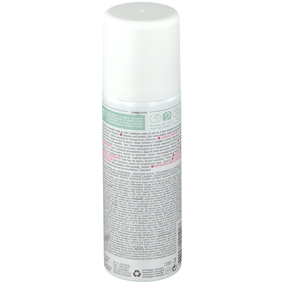 Achterkant van de witte sprayfles. Tekst met ingrediënten en fabrikantinfo. Witte dop.