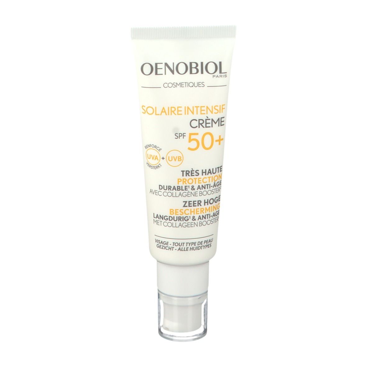 Crèmetube met opschrift Oenobiol Solaire Intensif Crème SPF 50+. Witte tube met witte dop.