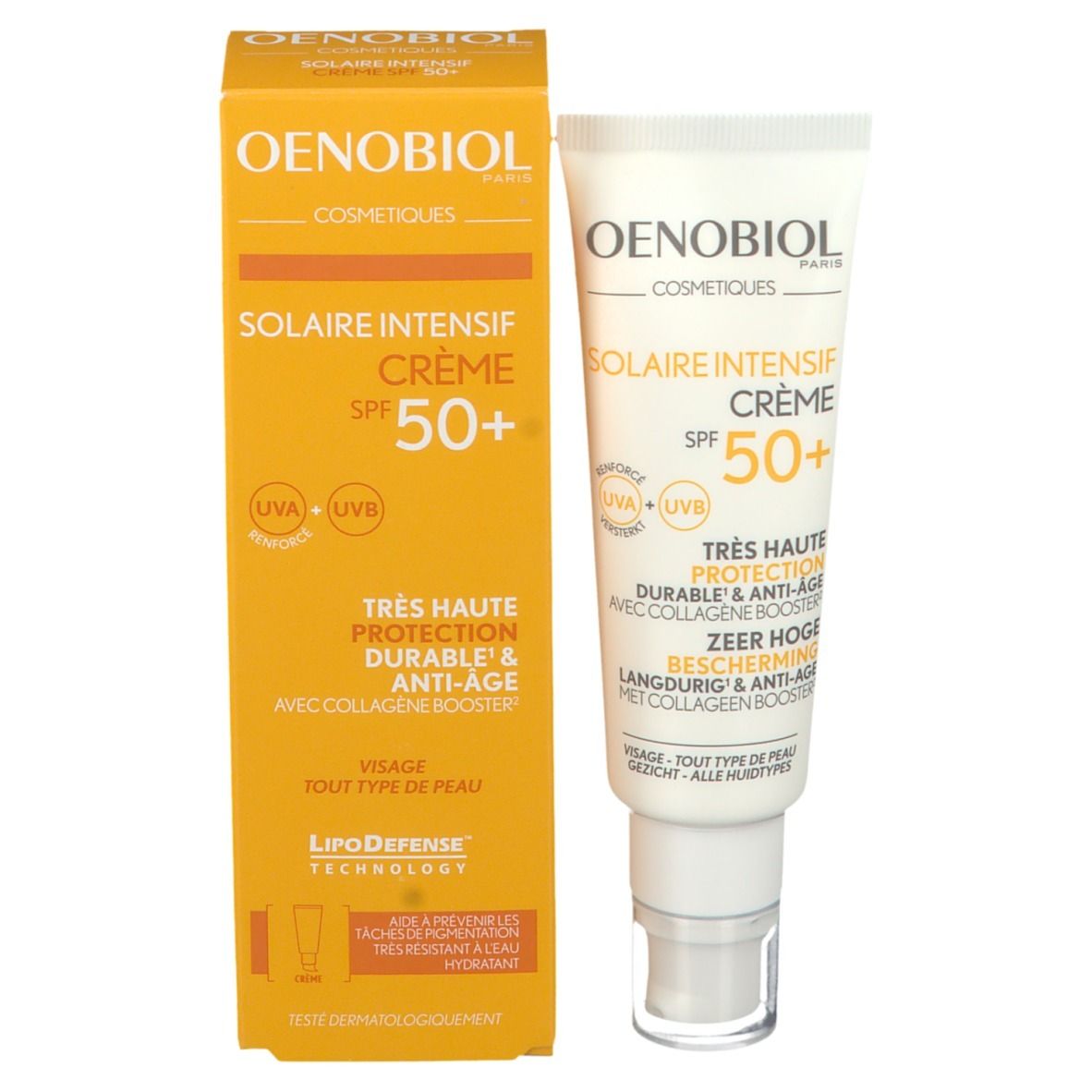 Oenobiol Solaire Intensif Crème SPF 50+ crème en verpakking. Gele verpakking met productinformatie.
