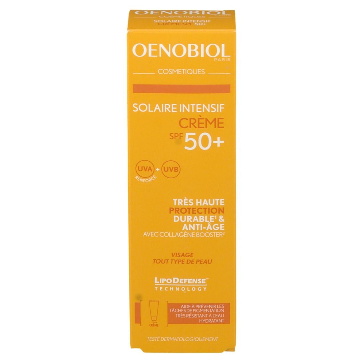 Gele verpakking met productinformatie. Oenobiol Solaire Intensif Crème SPF 50+ is afgebeeld.